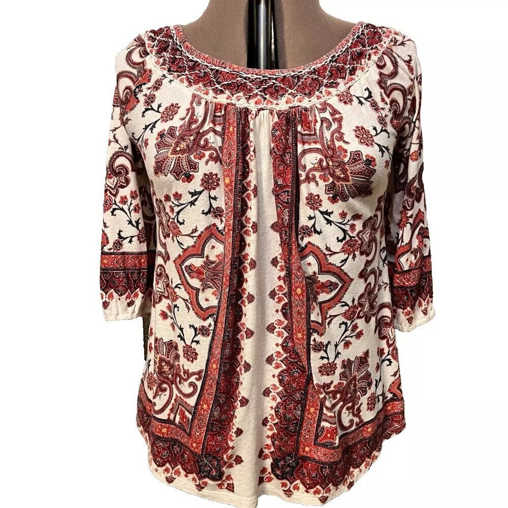 Lucky Brand Top. Sz M. Peasant Smocked BOHO Border Print. Cot/Rayon/Linen. B72